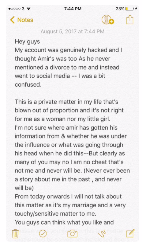  Faryal posted the lengthy statement on her Snapchat