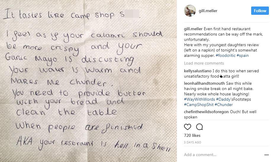  The tween daughter of a British chef proved she has developed a taste for finer things after writing a scathing review of a Spanish restaurant during her summer break