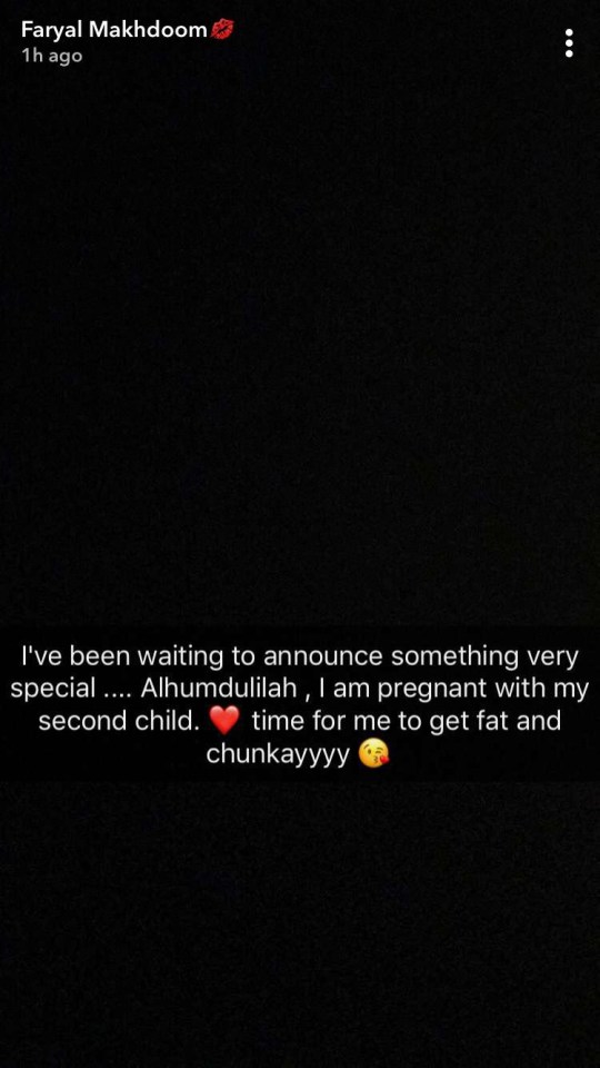 The mum-to-be also shared her happy news with followers on Snapchat, adding 'time for me to get fat and chunkayyyy'