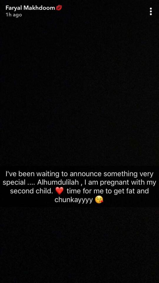 The mum-to-be also shared her happy news with followers on Snapchat, adding 'time for me to get fat and chunkayyyy'