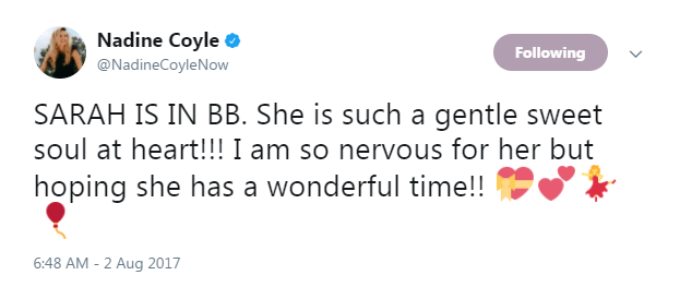 Nadine Coyle tweeted her support to Sarah earlier this month