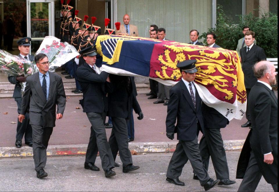 Princess Diana's coffin is carried from Pitié Salpêtrière Hospital in Paris 