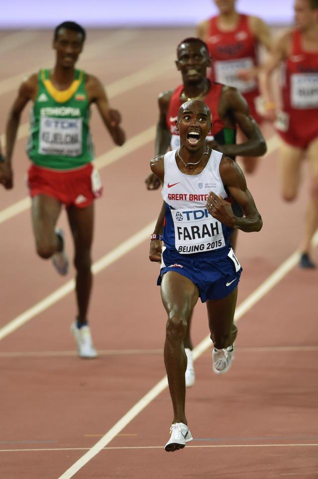 Mo Farah lets out a roar as he powers to glory in the 2015 World Championships