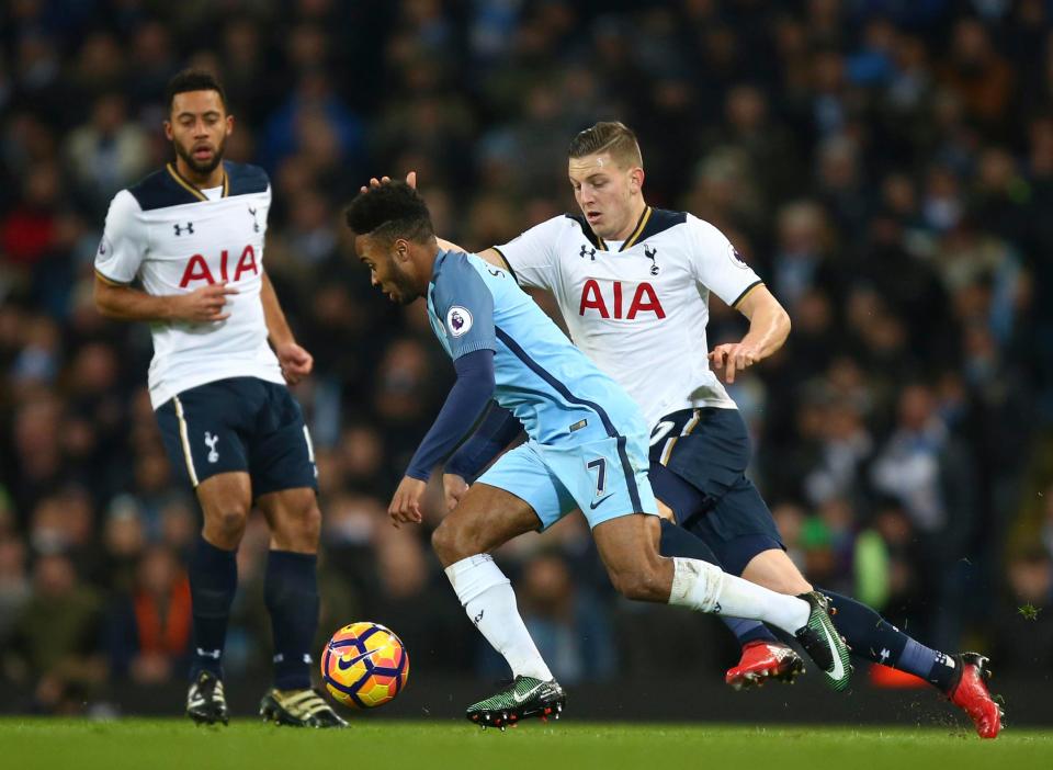 Kevin Wimmer in action against Manchester City winger Raheem Sterling