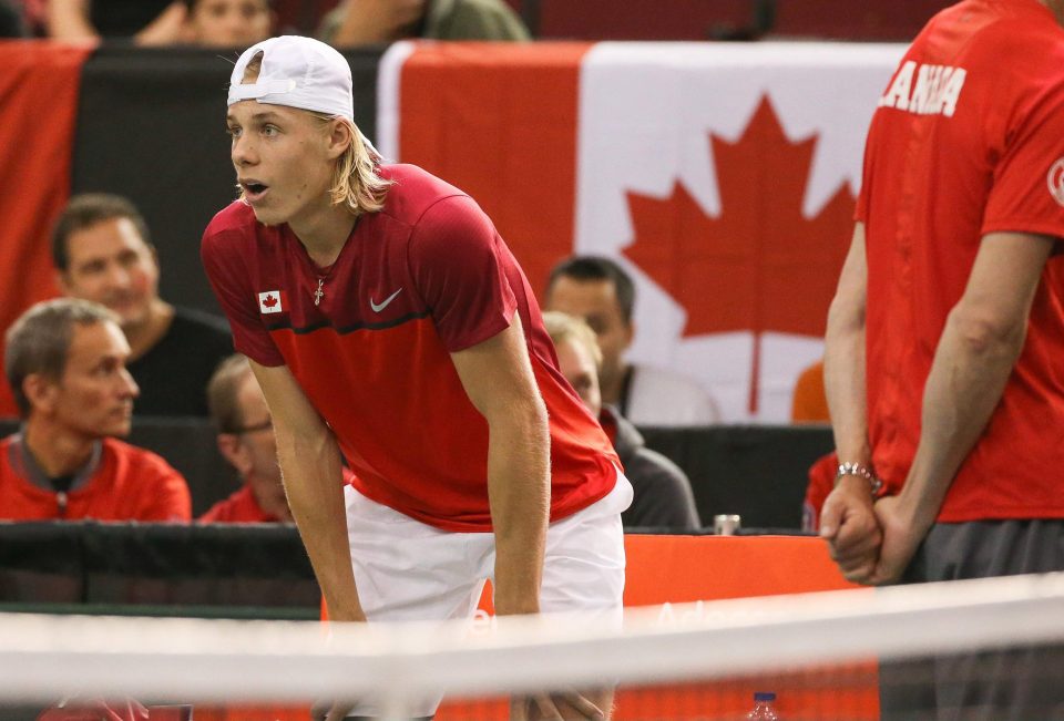  Denis Shapovalov cannot believe what has just happened after he hit umpire Arnaud Gabas with a ball in the Davis Cup tie against GB