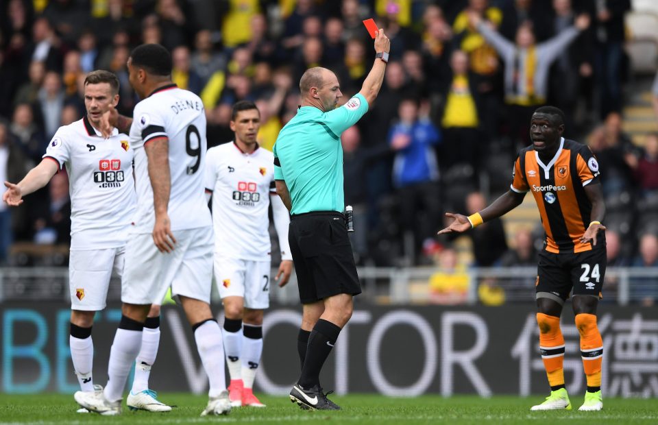  Niasse receives a red card during last seasons Premier League fixture against Watford