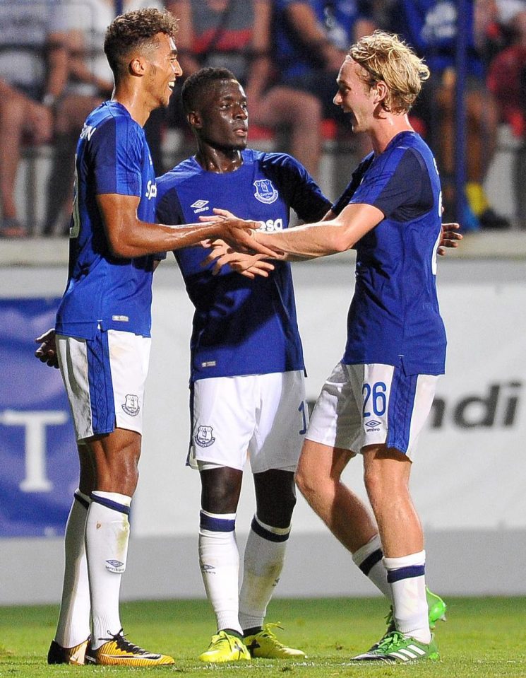 Everton celebrate their goal in Slovakia last night