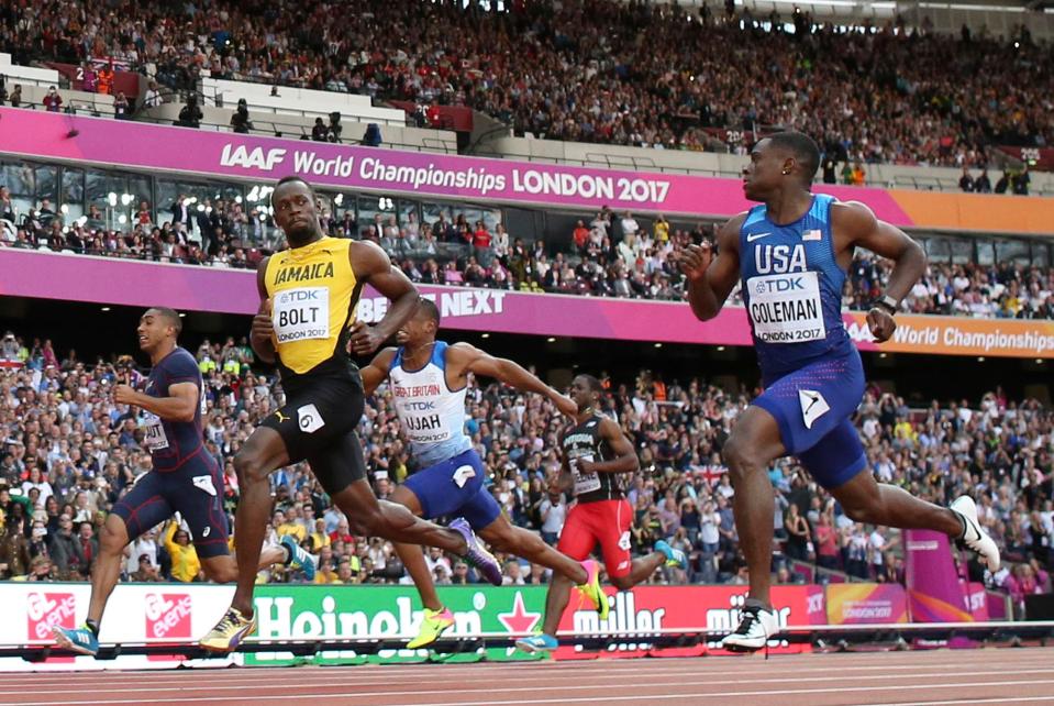 The Jamaican looks across at Christian Coleman in the men's 100m semi-final 