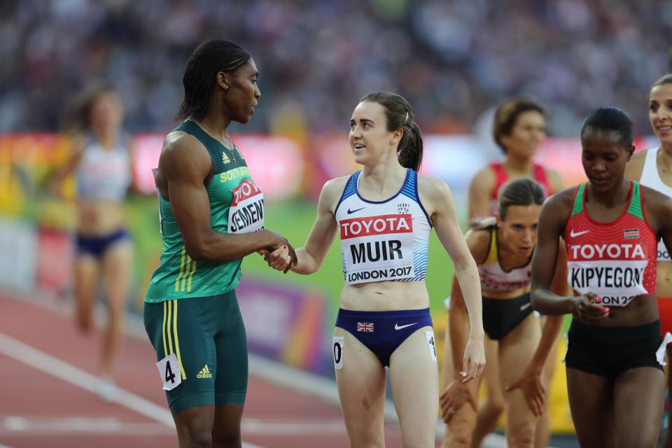 Caster Semenya shake hands with Great Britain's Laura Muir 