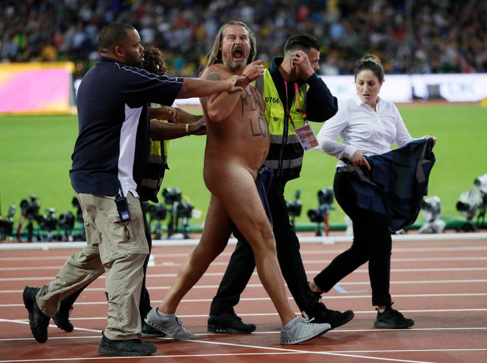  The streaker shouted as he was escorted off of the field