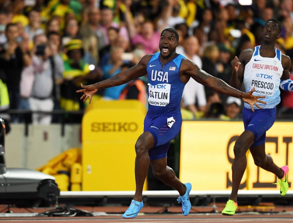  Justin Gatlin celebrates after his shock 100 metres triumph at the World Championships