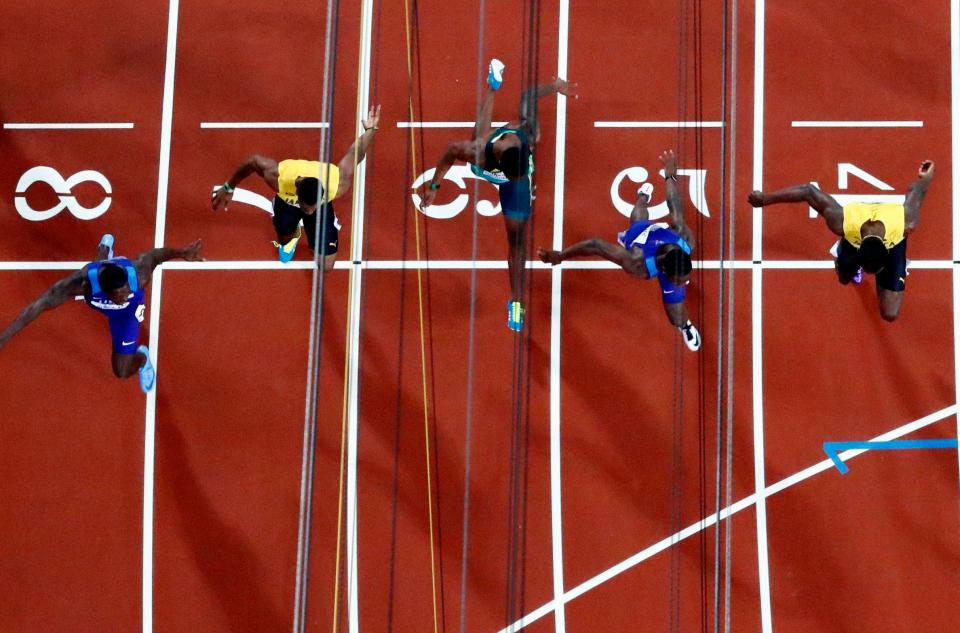  The view from above as Gatlin beats Coleman and Bolt to the line