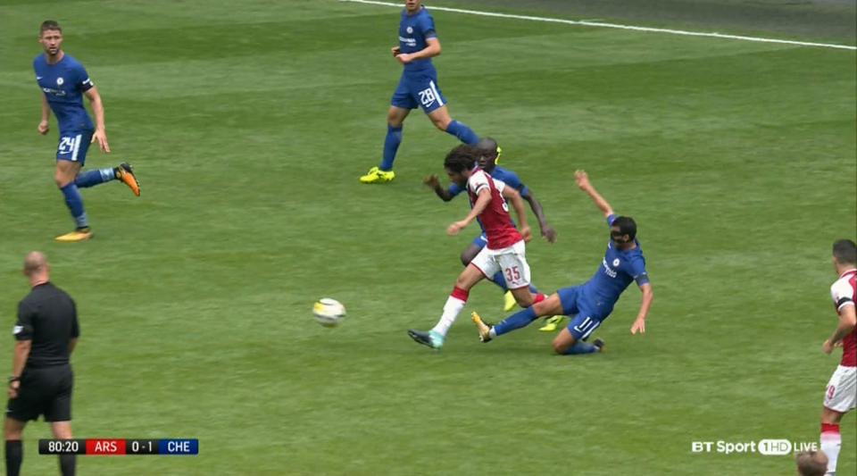 Pedro was given his marching orders for this nasty tackle on Granit Xhaka