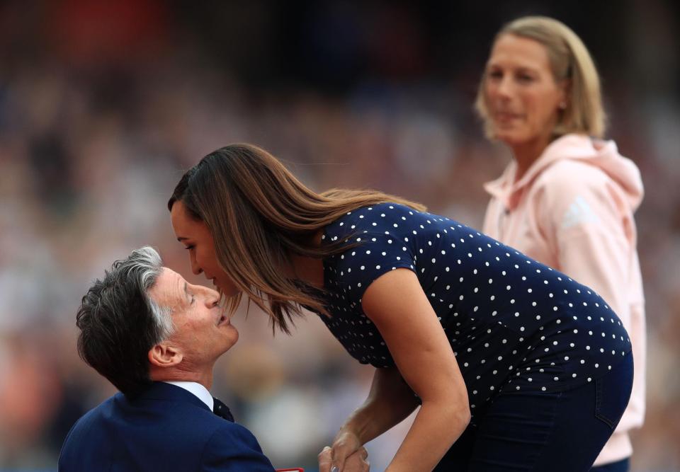 Lord Coe presents Jessica Ennis-Hill with her gold medal