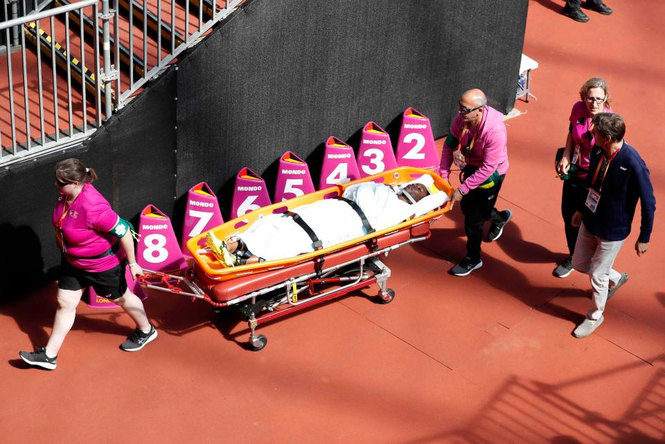 Deborah John left the stadium on a stretcher after her fall