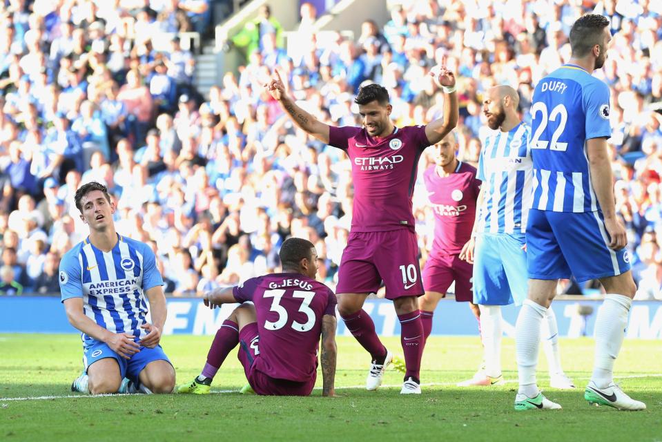  Aguero and Jesus celebrate at Brighton last Saturday