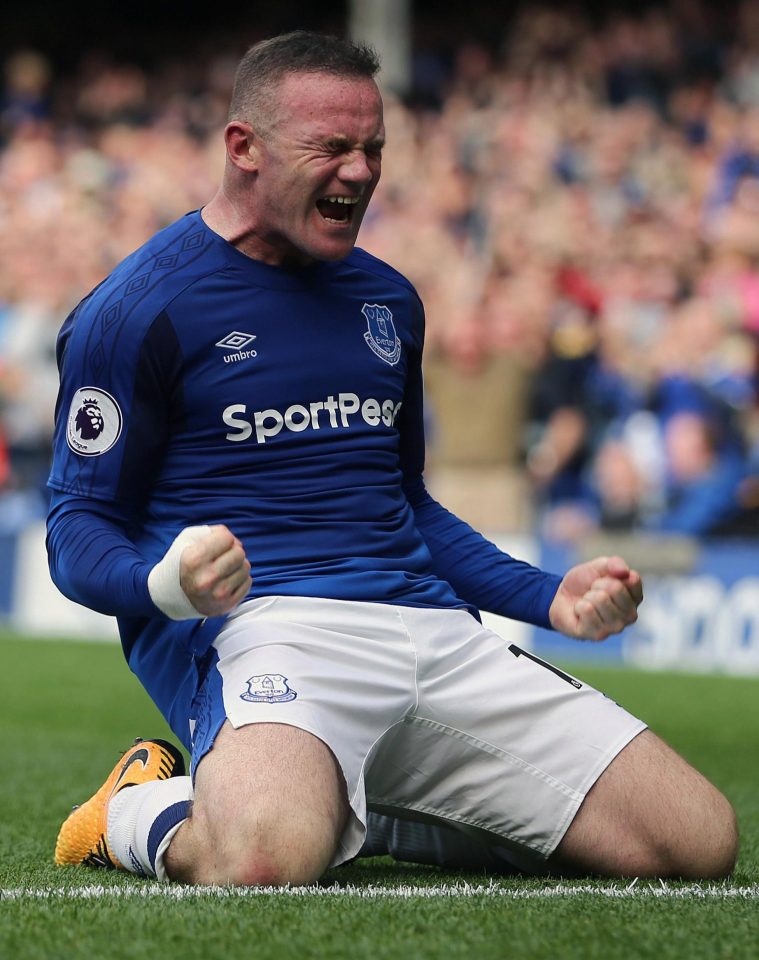 Everton star Wayne Rooney celebrates scoring the winner against Stoke