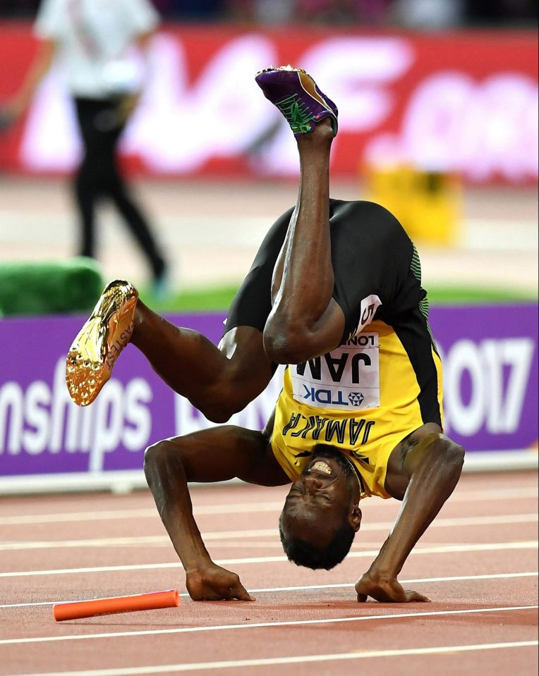  Usain Bolt fell to the track injured during his final race at the World Athletics Championships