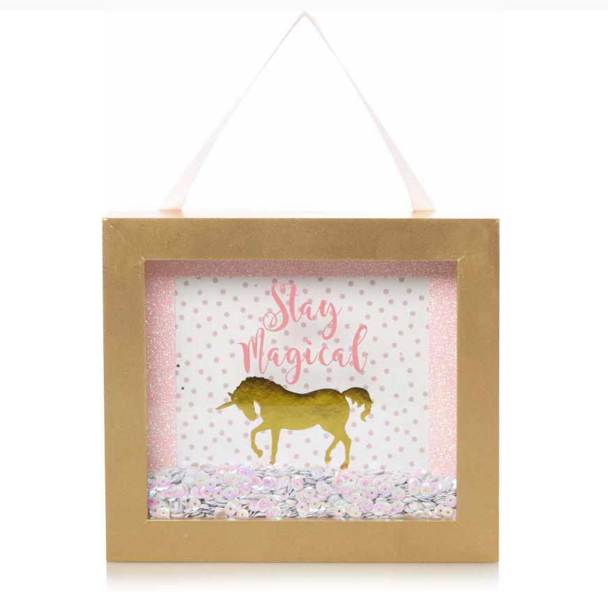  This cute hanging sign features a gold unicorn stencil with a sprinkling of sequins inside and costs £5