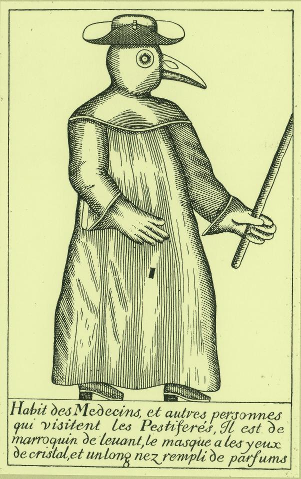 A drawing of a plague doctors uniform 