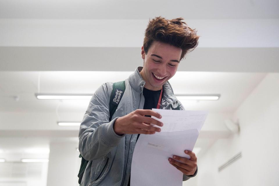  Felipe O'Donnell opens his A-level results at Harris Westminster Sixth Form in central London