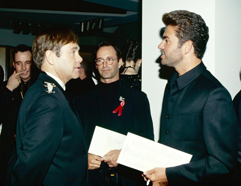 Pals Elton John and George Michael at The 66th Annual Academy Awards AIDS Foundation party in 1994