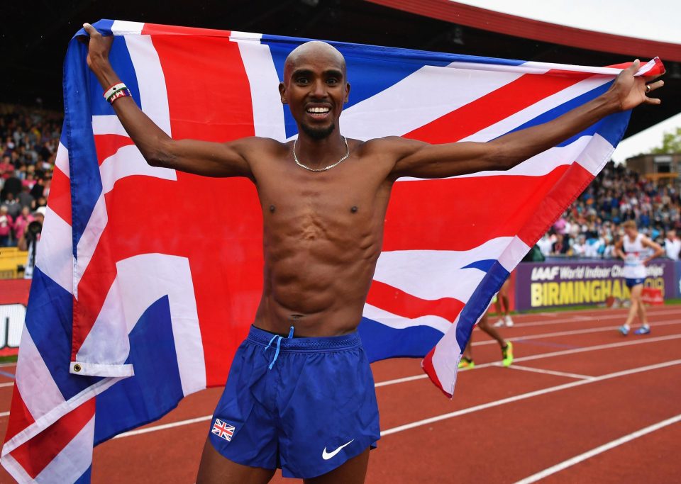 Mo Farah celebrates winning his final UK track race in Birmingham