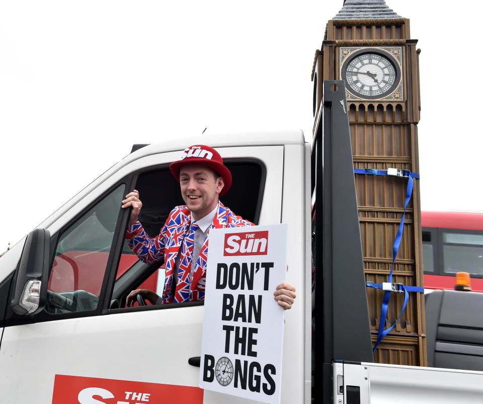  As Big Ben falls silent, The Sun's Little Ben is driven around Parliament Square in the back of a van