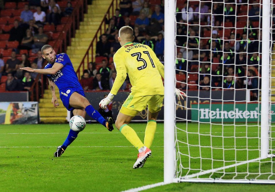  Islam Slimani scoring in the Carabao Cup against Sheffield United at Bramall Lane