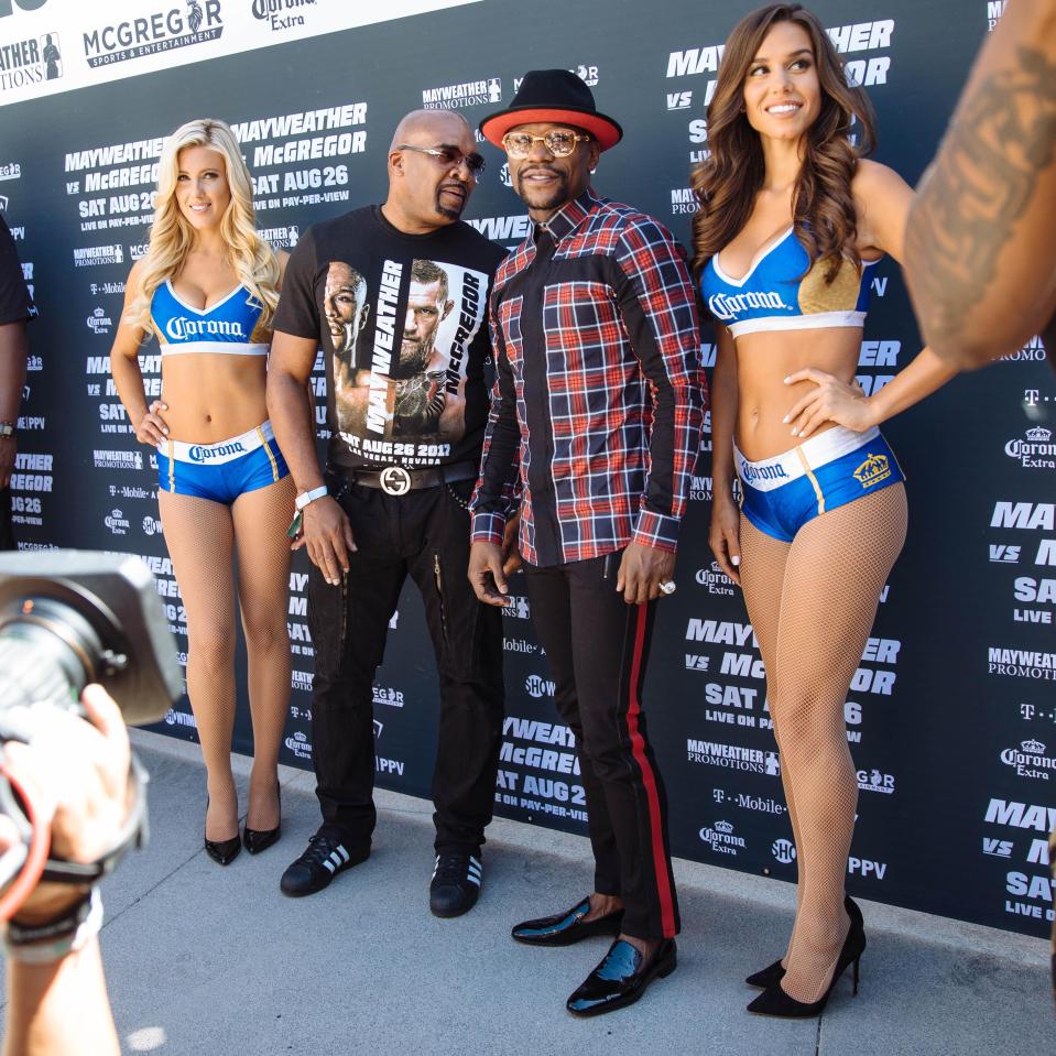 Floyd Mayweather on stage outside T-Mobile Arena during his grand arrival