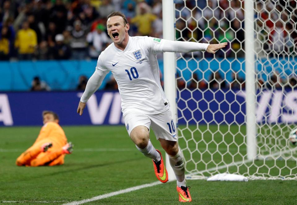  Rooney celebrates his only World Cup Finals goal when he scored against Uruguay at Brazil 2014