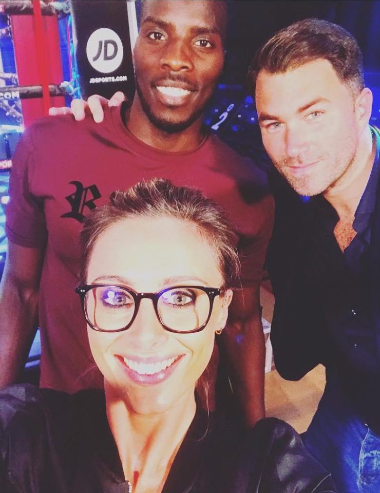  Here Anna Woolhouse stands with Eddie Hearn (right) and Lawrence Okolie (left)