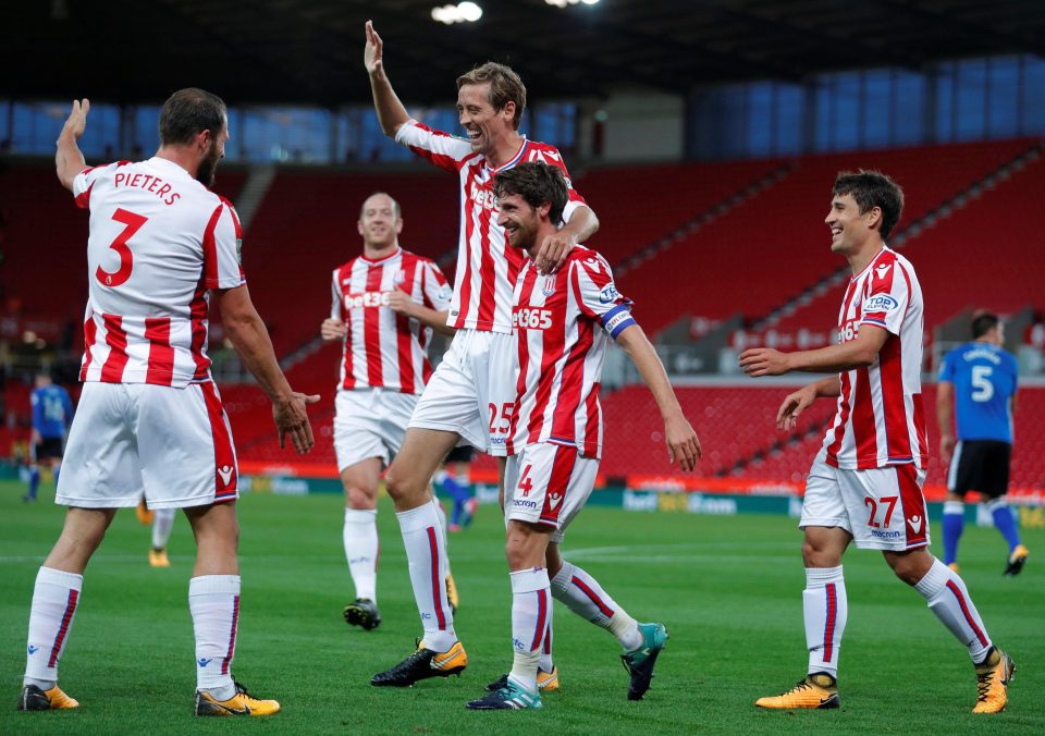 Midfielder Joe Allen celebrates scoring the Stoke opener with veteran striker Peter Crouch 