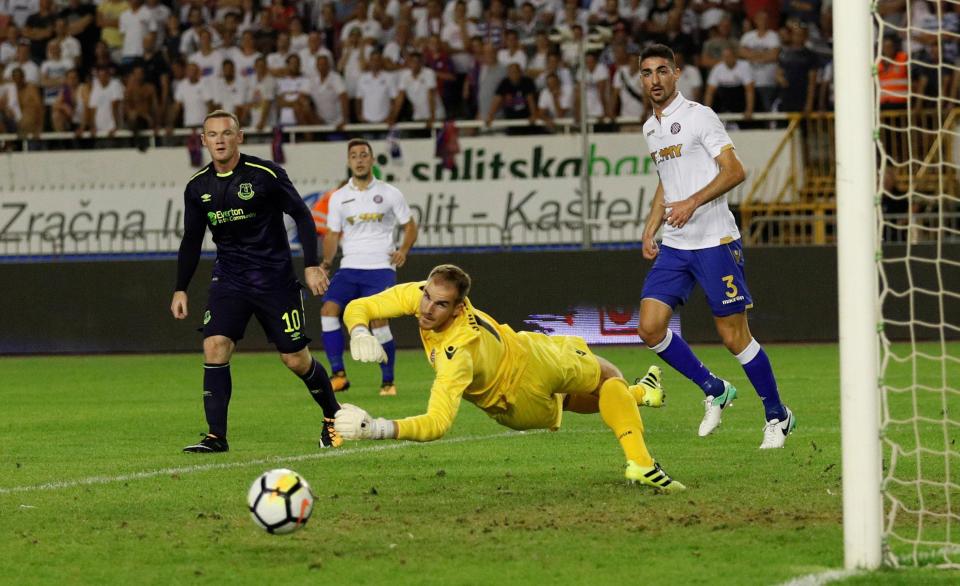 Rooney watches an effort fly wide against Hadjuk Split