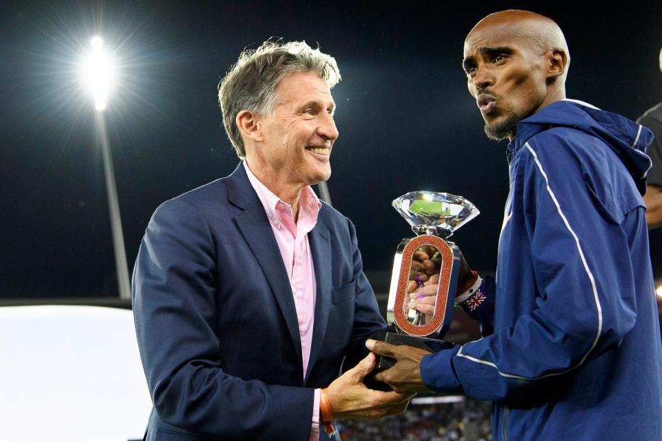 Seb Coe presents Mo Farah with his hard-earned trophy