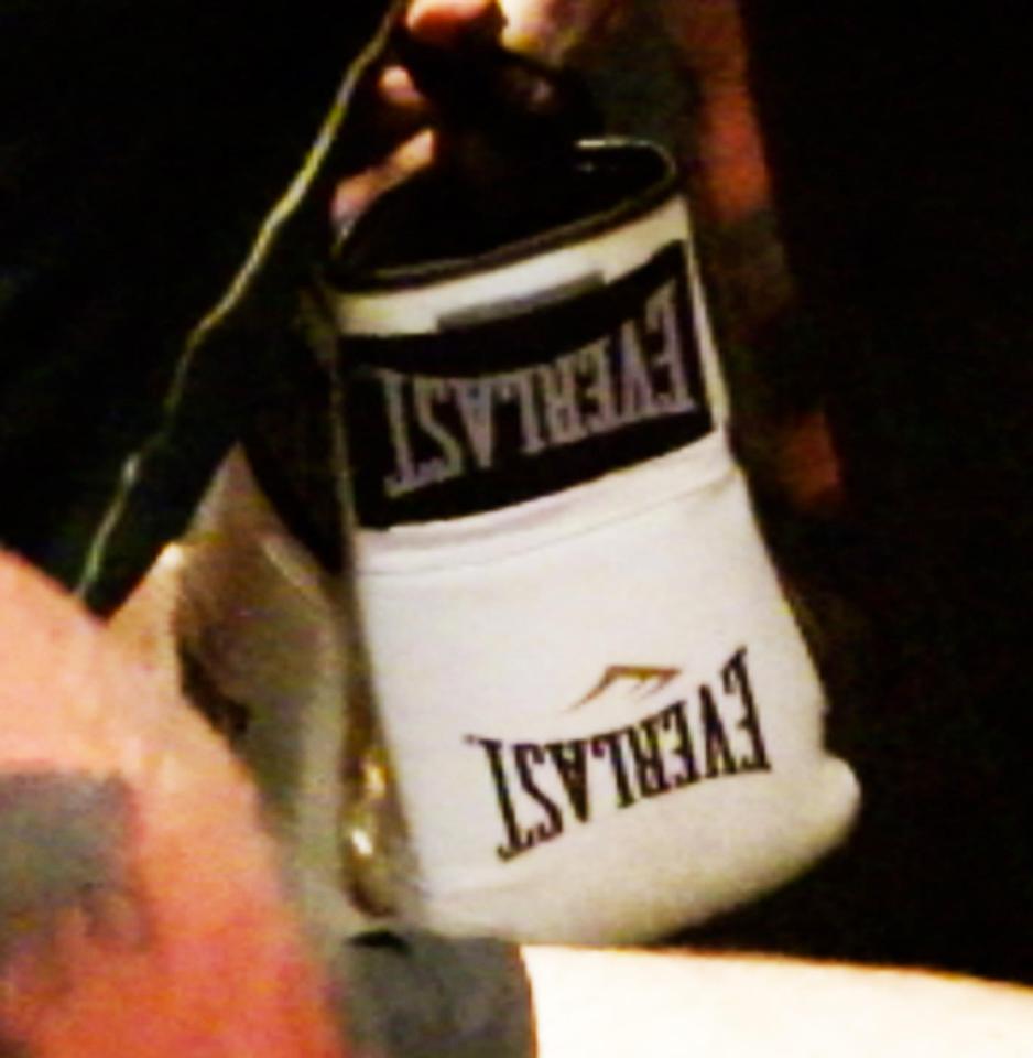  The 8oz Everlast gloves are white and gold and were pictured at the KA Theatre in Las Vegas