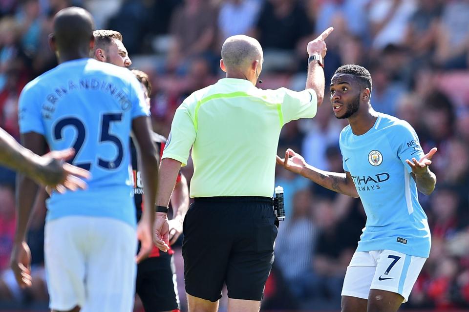  Sterling sees red from Mike Dean and leaves the pitch