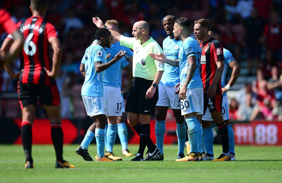 Raheem Sterling is sent off by Mike Dean after celebrating controversial late winner 