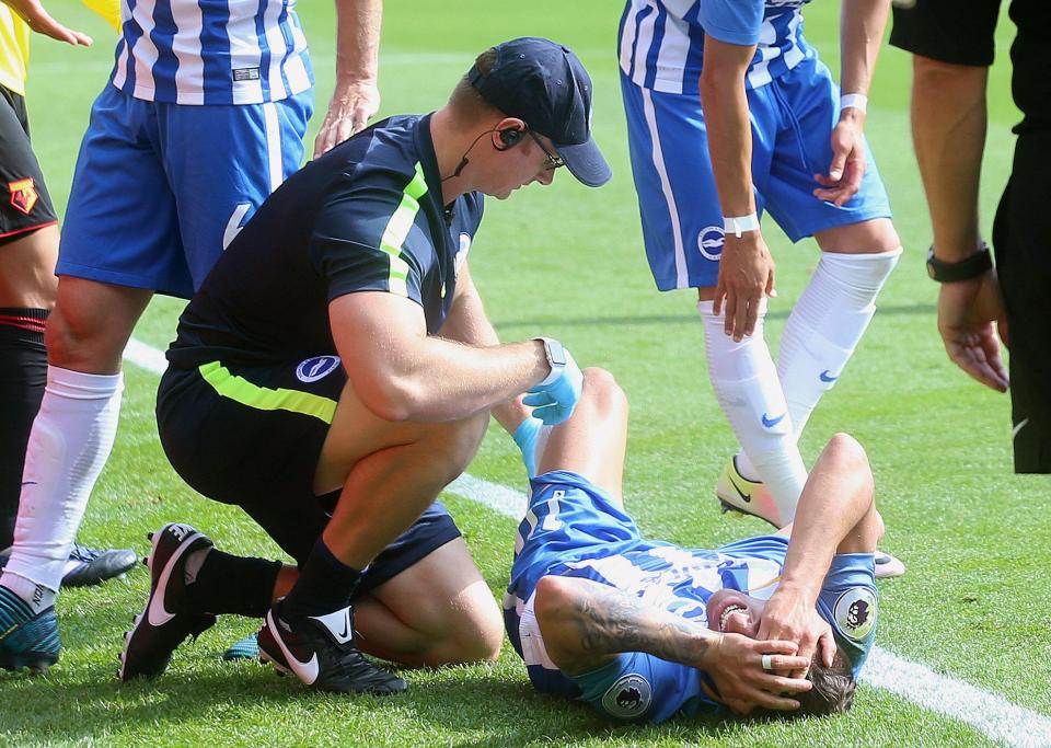  Anthony Knockaert remains on the floor after Miguel Britos' disgusting challenge