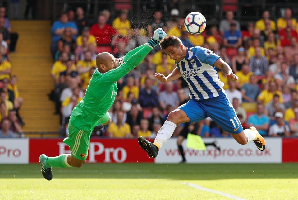  Heurelho Gomes of Watford punches the ball before Anthony Knockaert can reach it