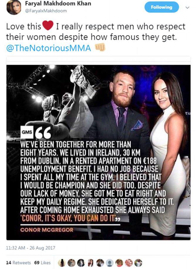 Faryal Makhdoom shared a snap praising Conor McGregor for his devotion to his parter Dee Devlin