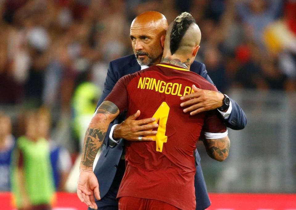  Radja Nainggolan embraces former boss Luciano Spalletti in Rome