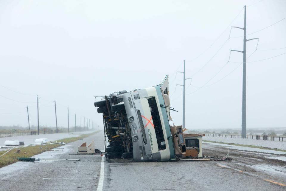  A motorhome lies flipped on it's side near Victoria, Texas