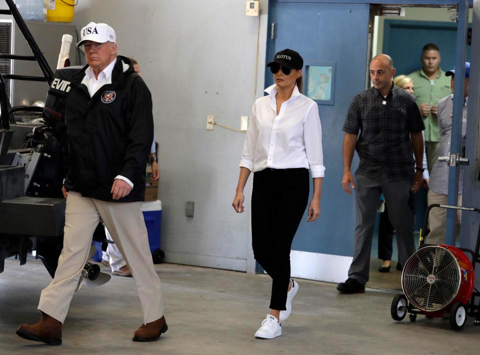  Later today the First Lady slipped into a pair of white trainers as she arrived in Corpus Christi