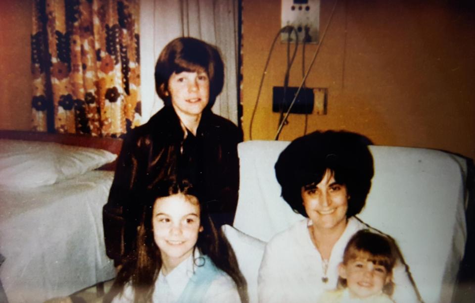  Easter 1980. Cheryl, aged 10, with her brother Jimmy and sister JoAnn visiting their mother Cathleen in hospital