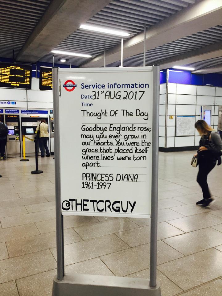 An extract of its poignant lyrics was yesterday written on a board at Tottenham Court Road Underground station in central London