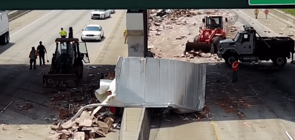 An 18-wheeler containing DiGiorno and Tombstone frozen pepperoni pizzas was sliced open in the accident