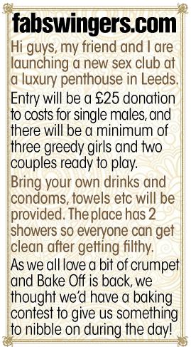  The online ad for the Leeds based swingers party said single fellas must pay a £25 entry fee