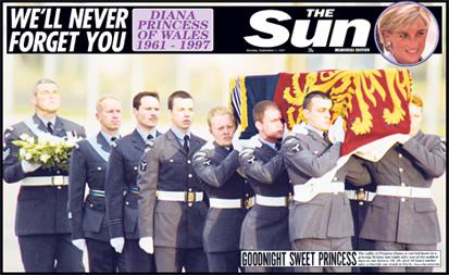  This front page is from twenty years ago today and was devoted to this poignant picture showing the coffin bearing Diana’s body arriving at RAF Northolt