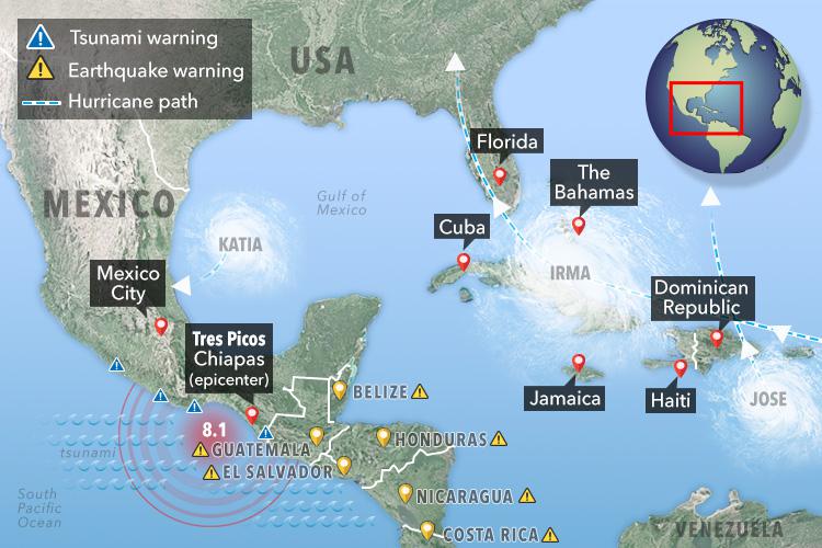 Hazardous tsunami waves are expected to pound the coast of Central America just as Caribbean islands are pummelled by deadly Hurricane Irma